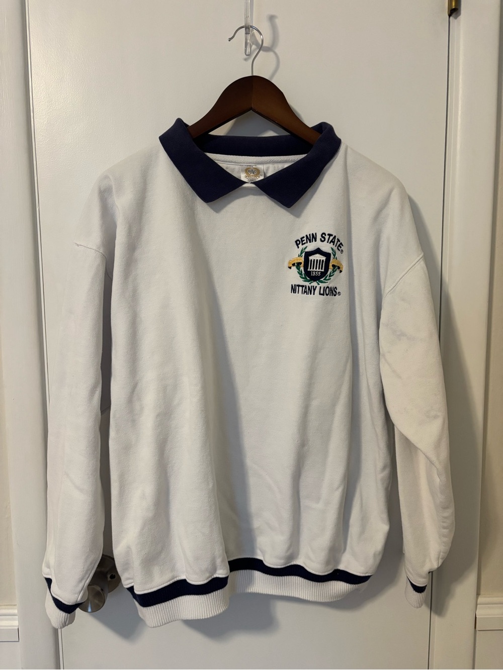 Vintage 90s Penn State Collared Sweatshirt Large White Embroidered Crest Flawed